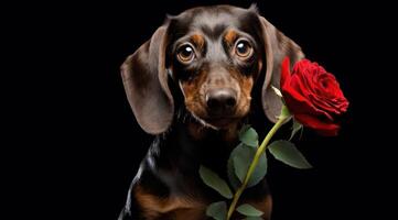 ai gerado uma dachshund cachorro segurando uma vermelho flor foto