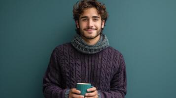 ai gerado uma jovem bonito espanhol homem dentro uma tricotado Sombrio roxa suéter carrinhos e parece sorridente às a Câmera foto