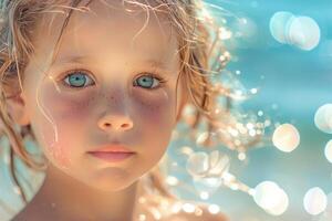 ai gerado pequeno menina em a de praia com uma queimadura de sol em foto