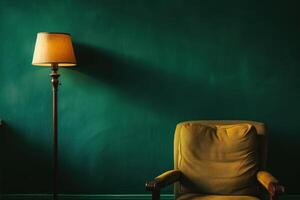 ai gerado verde parede com uma cadeira e luminária perto foto
