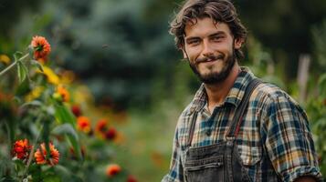 ai gerado jovem bonito agricultor dentro uma xadrez camisa e jeans macacão parece sorridente às a Câmera foto