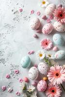 ai gerado minimalista brilhante Páscoa fundo com colorida ovos e flores e bastante do espaço para texto foto