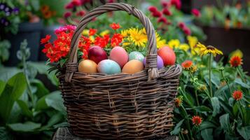 ai gerado uma vibrante Páscoa cesta transbordar com colorida ovos, aninhado entre fresco Primavera flores foto