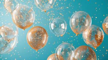 ai gerado quadro, Armação do ouro e transparente inflável balões com brilhar em uma minimalista azul fundo foto
