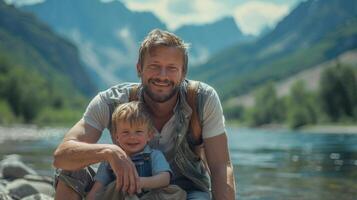 ai gerado Papai e filho estão sentado em a rio banco pescaria. elas sorrir e Veja às a Câmera foto