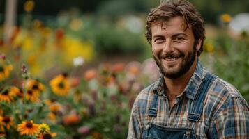 ai gerado jovem bonito agricultor dentro uma xadrez camisa e jeans macacão parece sorridente às a Câmera foto