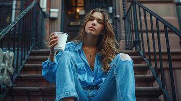 ai gerado mulher dentro azul blusa e magro jeans bebidas café em apartamento escadaria. foto