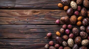 ai gerado chocolate Páscoa ovos em uma de madeira fundo foto