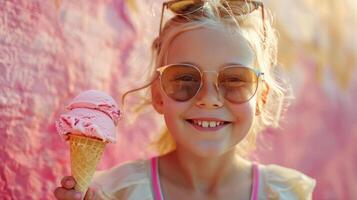 ai gerado uma jovem hipster menina com Loiras cabelo goza uma saboroso gelo creme dentro a verão calor enquanto vestindo oculos de sol foto