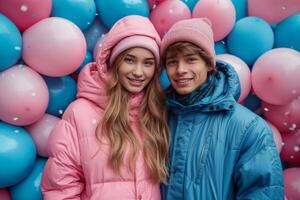 ai gerado uma jovem casal em uma fundo do Rosa e azul balões. gênero festa foto