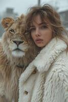 ai gerado lindo elegante jovem mulher com uma lindo grande leão foto