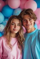 ai gerado uma jovem casal em uma fundo do Rosa e azul balões. gênero festa foto