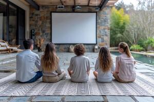 ai gerado a família é assistindo uma projetor em a rua perto a casa , filmes dentro a Jardim foto