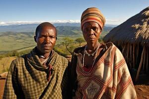 ai gerado retrato do a africano casal do uma homem e uma mulher contra a fundo do africano natureza. maduro africano casal foto