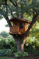 ai gerado fofa pequeno árvore casa para crianças dentro a floresta foto
