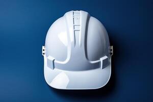 ai gerado uma todo branco capacete em uma azul fundo. industrial segurança conceito. gerado de artificial inteligência foto