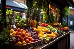 ai gerado mercado com vários frutas em a contador. gerado de artificial inteligência foto