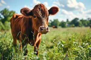 ai gerado vermelho vaca dentro uma campo com alta verde Relva em uma ensolarado dia. gerado de artificial inteligência foto