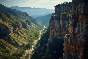 ai gerado topo Visão do lindo pedras com vegetação dentro a névoa. gerado de artificial inteligência foto