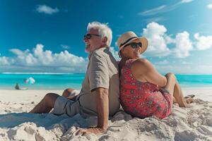 ai gerado Senior casal desfrutando de praia pôr do sol juntos foto