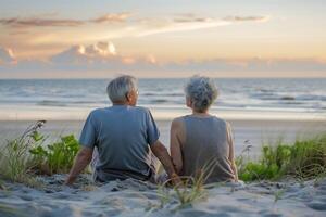 ai gerado feliz idosos desfrutando do aposentadoria com uma de praia foto