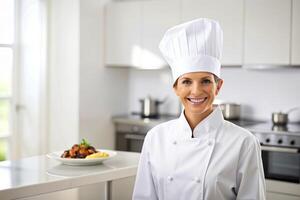 ai gerado sorridente chefe de cozinha dentro dele cozinha foto