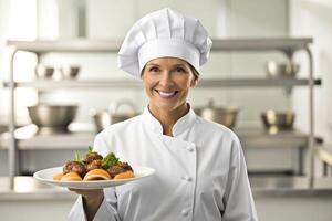 ai gerado sorridente chefe de cozinha dentro dele cozinha foto