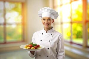 ai gerado sorridente chefe de cozinha dentro dele cozinha foto