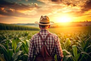 ai gerado traseiro Visão do Senior agricultor em pé dentro milho campo examinando colheita às pôr do sol. foto