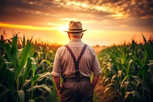 ai gerado traseiro Visão do Senior agricultor em pé dentro milho campo examinando colheita às pôr do sol. foto