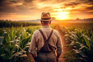 ai gerado traseiro Visão do Senior agricultor em pé dentro milho campo examinando colheita às pôr do sol. foto