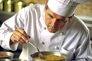 ai gerado chefe de cozinha dentro hotel ou restaurante cozinha culinária, só mãos, ele é trabalhando em a molho foto