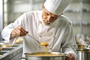 ai gerado chefe de cozinha dentro hotel ou restaurante cozinha culinária, só mãos, ele é trabalhando em a molho foto