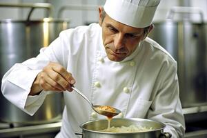 ai gerado chefe de cozinha dentro hotel ou restaurante cozinha culinária, só mãos, ele é trabalhando em a molho foto