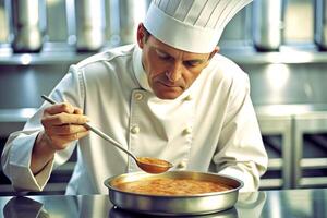 ai gerado chefe de cozinha dentro hotel ou restaurante cozinha culinária, só mãos, ele é trabalhando em a molho foto