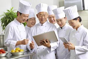 ai gerado moderno cozinha equipe cozinheiros tábua foto