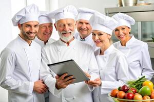 ai gerado moderno cozinha equipe cozinheiros tábua foto