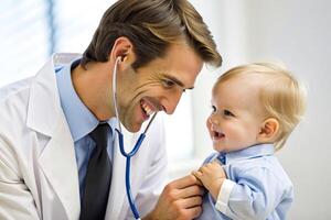 ai gerado feliz masculino médico examinando bebê Garoto foto