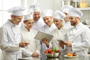 ai gerado moderno cozinha equipe cozinheiros tábua foto