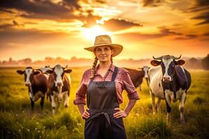 ai gerado fêmea agricultor vacas pôr do sol foto