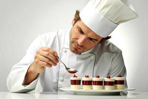 ai gerado homem chefe de cozinha decoração delicioso sobremesa. foto