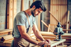 ai gerado masculino carpinteiro trabalhando de madeira máquina oficina foto