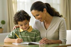 ai gerado mãe ensino filho dever de casa foto