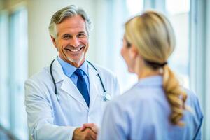 ai gerado sorridente médico às a clínica dando e aperto de mão para dele paciente, cuidados de saúde foto