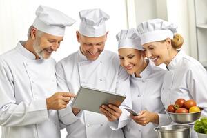 ai gerado moderno cozinha equipe do cozinheiros usar tábua foto