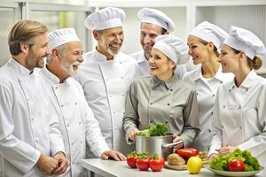 ai gerado equipe do chefe de cozinha dentro a cozinha sorrir foto