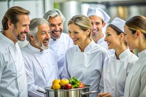 ai gerado equipe do chefe de cozinha dentro a cozinha sorrir foto