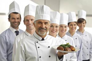 ai gerado equipe do chefe de cozinha cozinha apresentando pratos foto