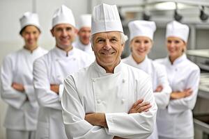 ai gerado equipe do chefe de cozinha dentro a cozinha sorrir foto