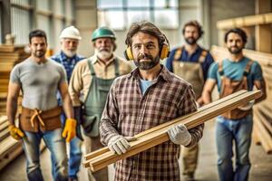 ai gerado masculino carpinteiro segurando madeira equipe foto